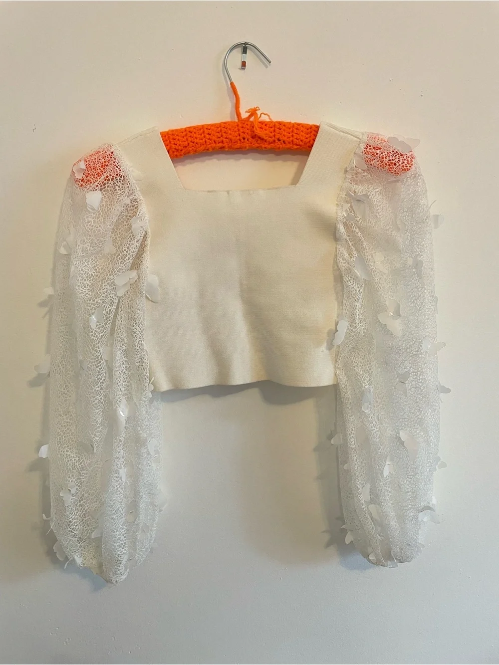 Free People Ivory Square-Neck Sheer Puff-Sleeve Crop Top